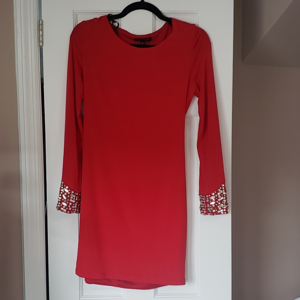 Fancy Red Short Jeweled Sleeve Dress